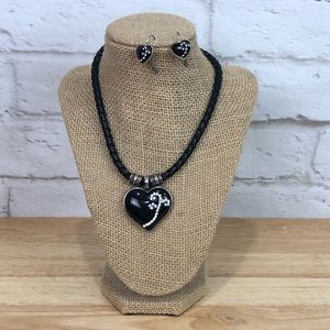 Braided black cord with black heart necklace and earrings